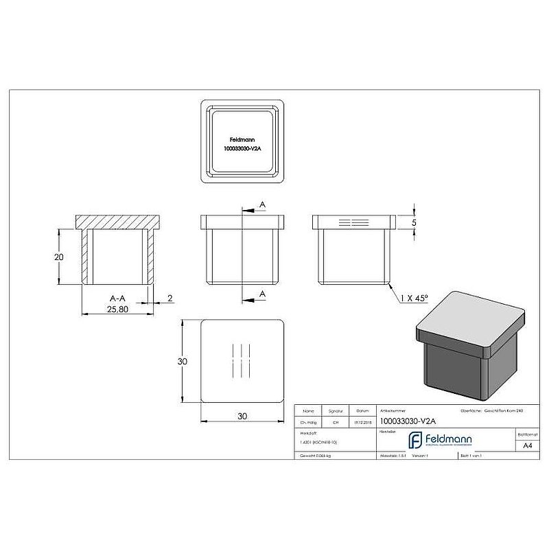 Einsteckkappe, für Rohr 30x30x2,0mm, V2A