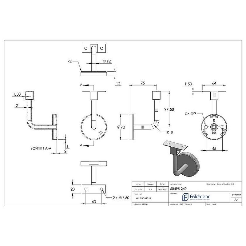 Handlaufhalter für LED Handlauf  (Ronde und Bügel verschweißt), V2A