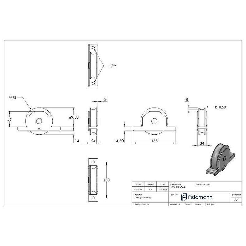 Galet pour porte coulissante, rainure ronde, Ø 98mm, V2A
