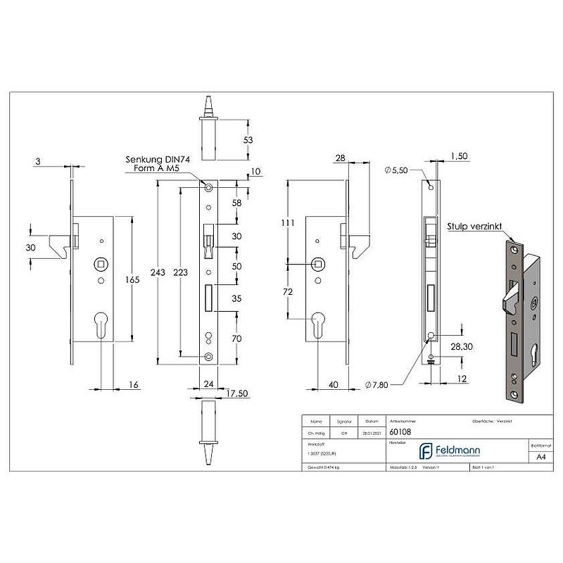 Galvanised tubular frame lock with hook latch (e.g. for sliding gates), backset 40mm