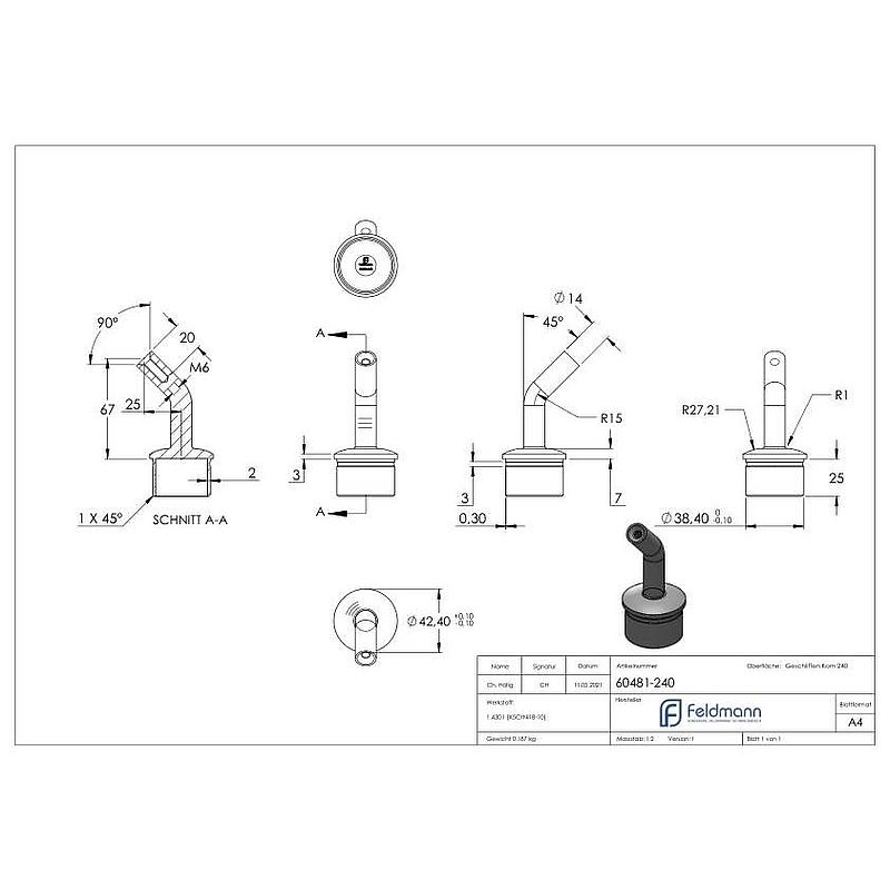 Rohrabschlussstopfen mit Stift 135°, für Rohr 42,4x2,0mm, V2A