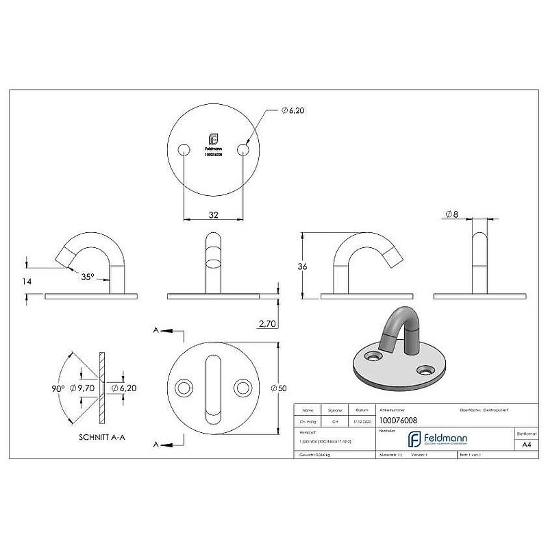 Befestigungsöse/Haken mit runder Platte V4A