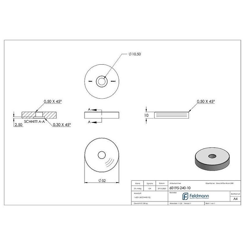 Unterteil Ø 52 mm, mit Durchgangsbohrung , t: 10mm, V2A