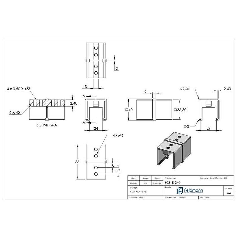 Rohrverbinder für Quadratnutrohr 40x40mm, V2A