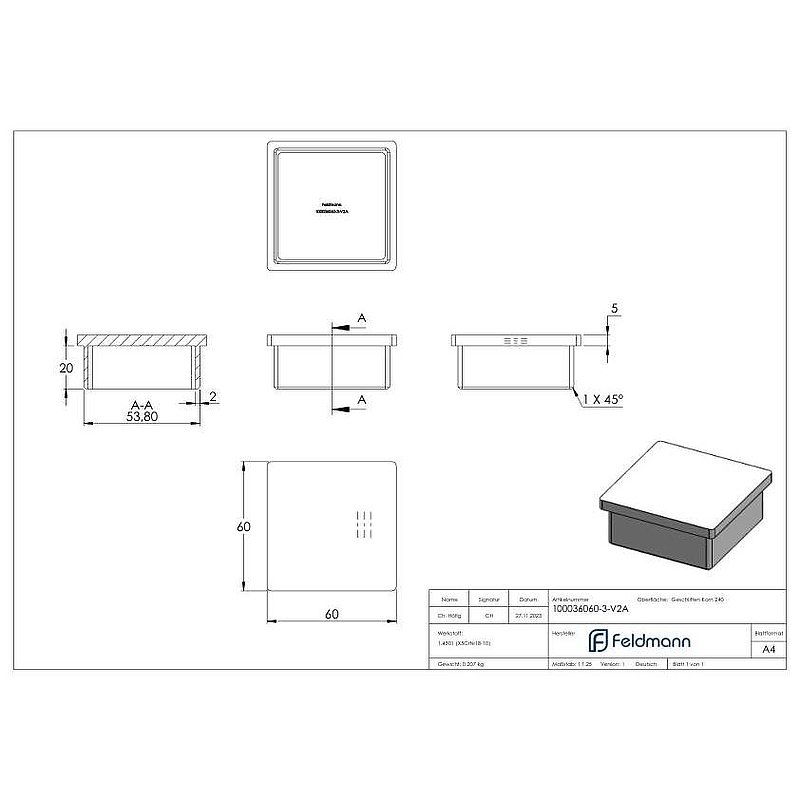 Einsteckkappe, für Rohr 60x60x3,0mm, V2A