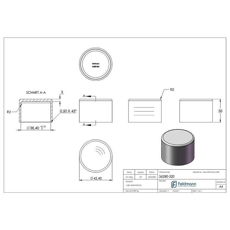 Endkappe für Stecksystem, für 42,4x2,0mm, V2A