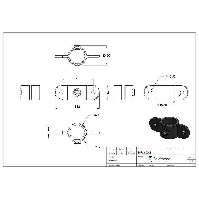 Holder with 2 brackets, 180°, for pipe Ø 42.4 mm