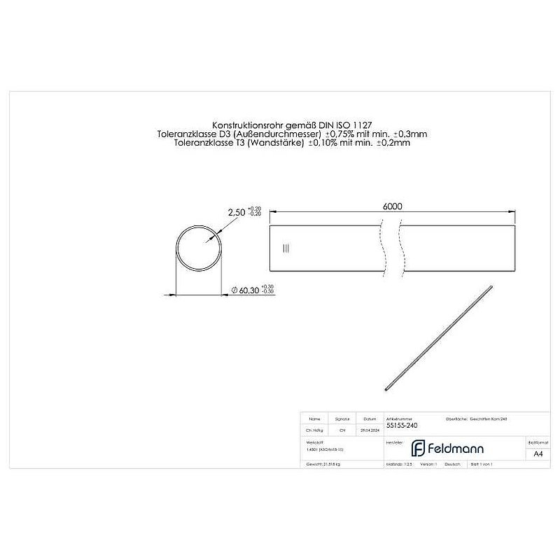 Edelstahlrohr, 60,3x2,5mm, L: 6000mm, V2A