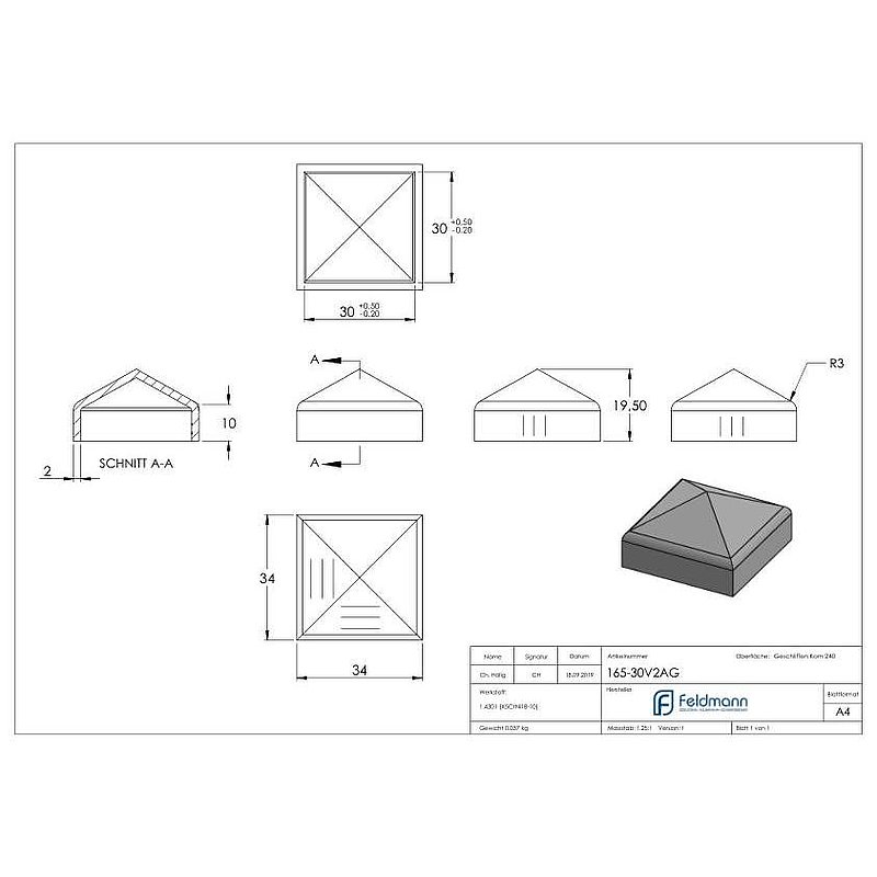 Pyramidenkappe, für Rohr 30x30mm, V2A