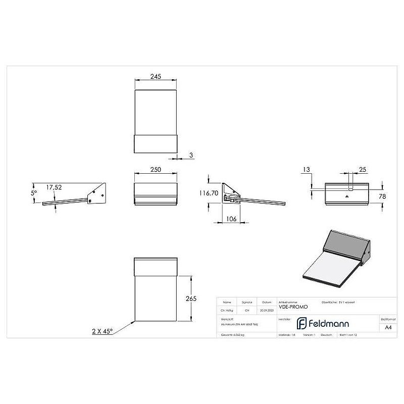 Promobox Vordachprofil eleganza canopy, L=250mm, E4/EV1, inkl. Glas