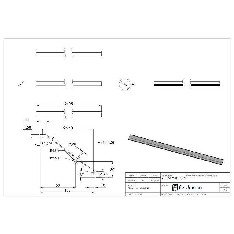 Design-Abdeckung für eleganza canopy, L: 2405mm, RAL 7016