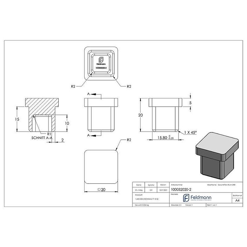 Einsteckkappe, für Rohr 20x20x2,0mm, V4A