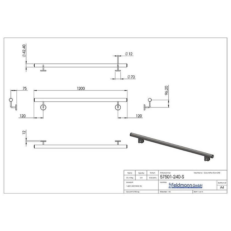 Handlauf, montagefertig, L: 1,2m, V2A