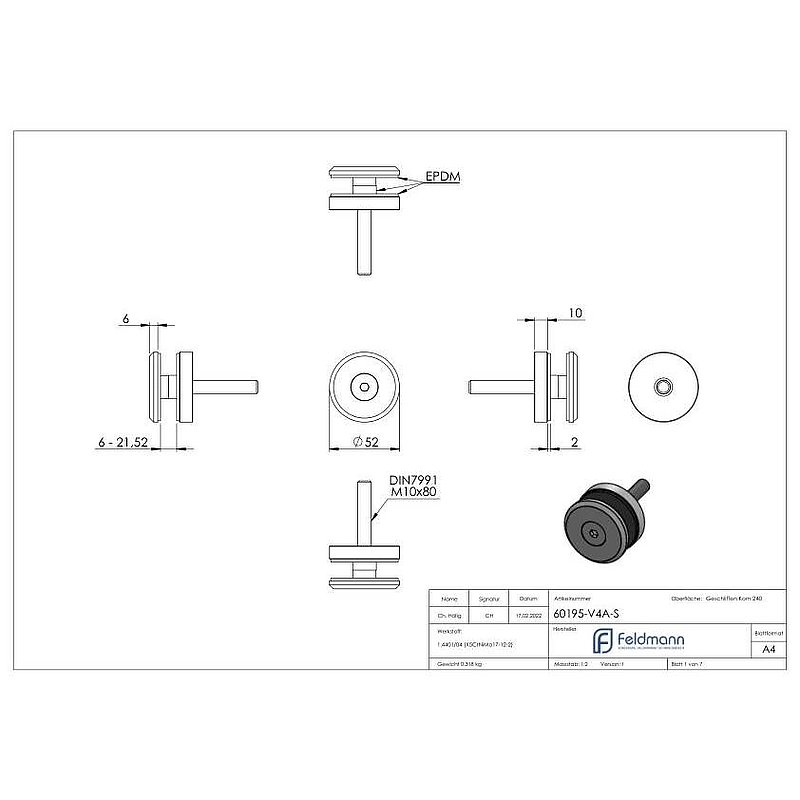 Point de fixation 52mm, plat, avec vis, V4A