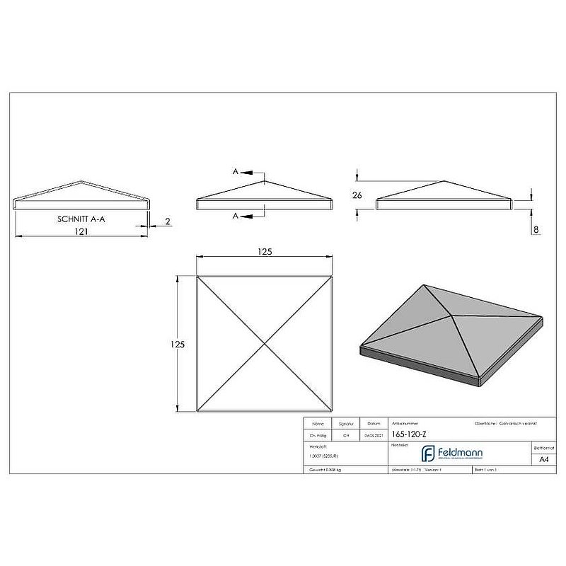 Pfeilerbedecker für Rohr 120 x120mm, verzinkt