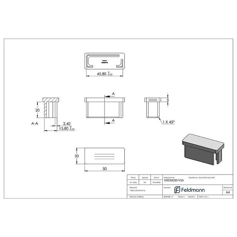 Einsteckkappe, für Rohr 50x20x2,0mm, V2A