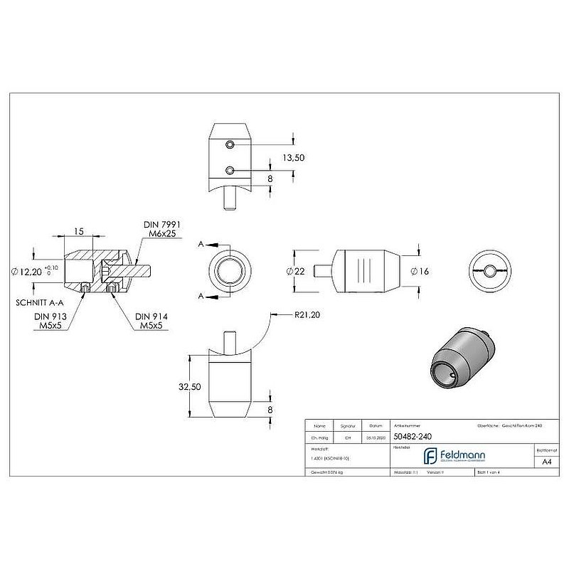 Querstabhalter (zum Stoßen vorne)für 42,4mm Rohr, Bohrung vorne 12,2mm, V2A