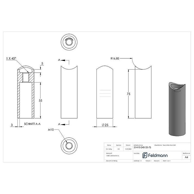 Wall bracket for tube 33.7mm, L: 75mm, AISI304