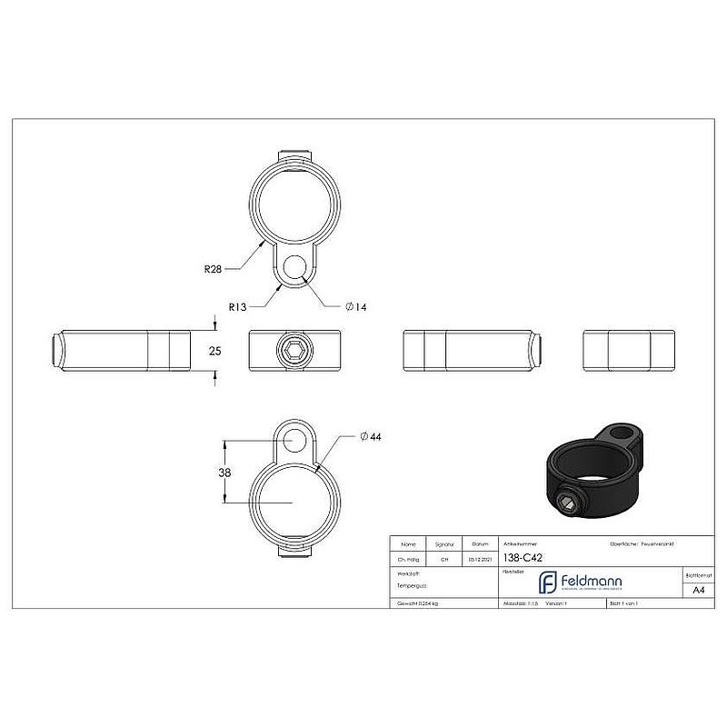 Stellringauge, für Rohr Ø 42,4mm
Bohrung 14mm