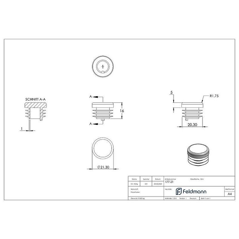 Bouchon plastique pour tube rond 21,3mm