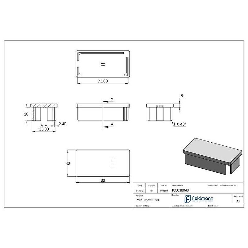 Einsteckkappe, für Rohr 80x40x2,0mm, V4A