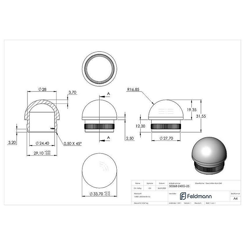 Stopfen, für Rohr 33,7 x 2,5mm, V2A