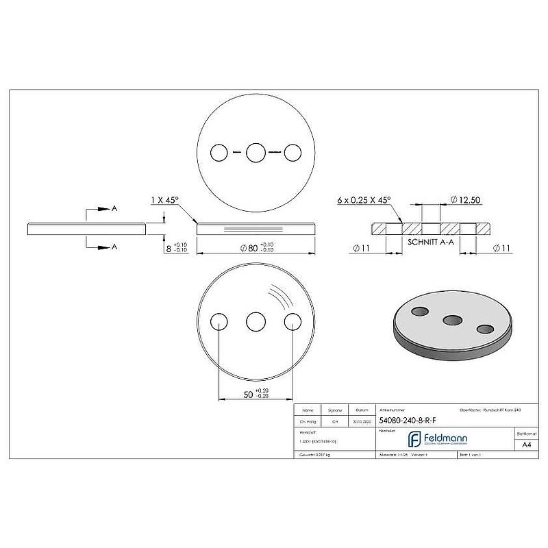Anchor plate Ø 80x8mm, with bevelled edge and chamfer, AISI304