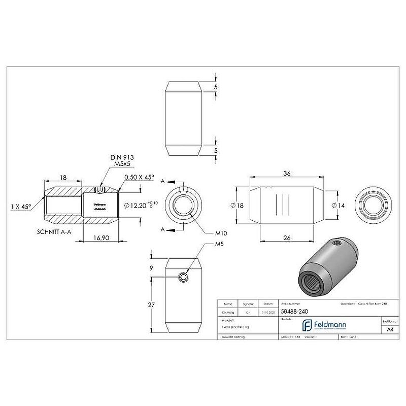 Bar connector Ø18mm with M10 thread and 12mm hole, AISI304