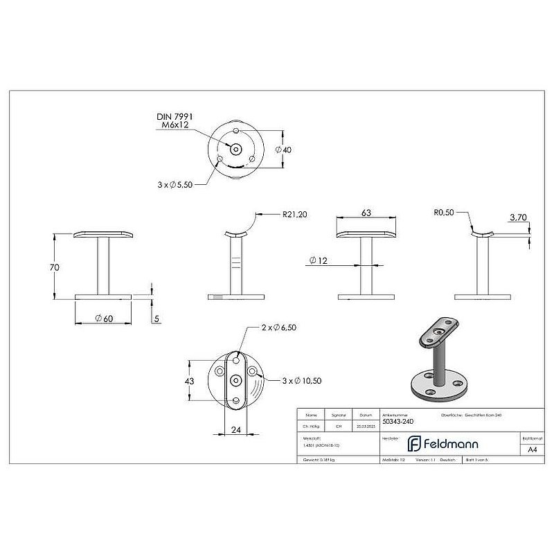 Handrail support with round plate, straight handrail connection plate, AISI304