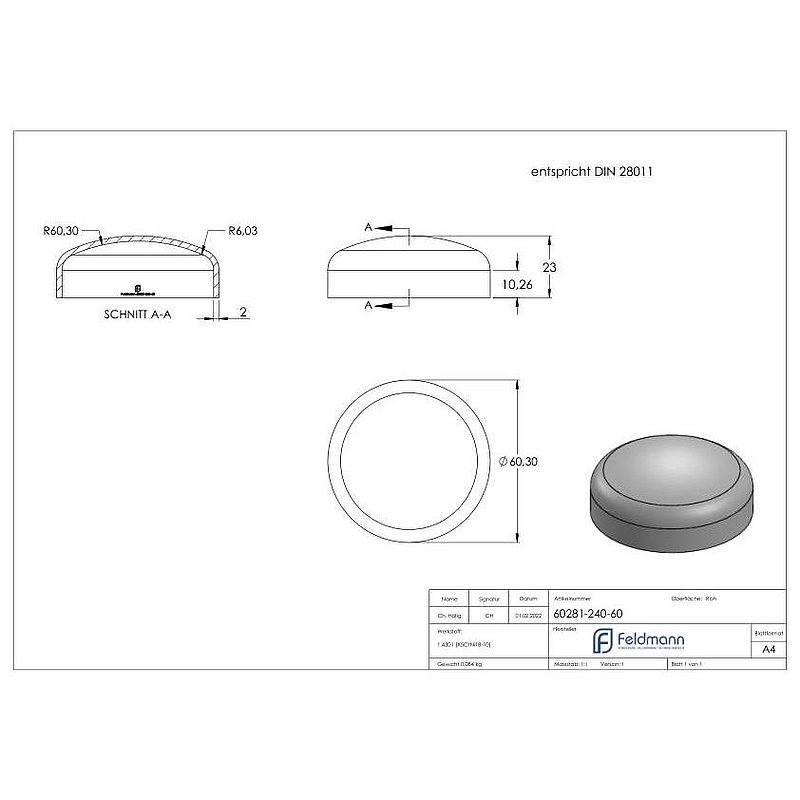Klöpperboden 60,3x2,0mm, DIN 28011, V2A