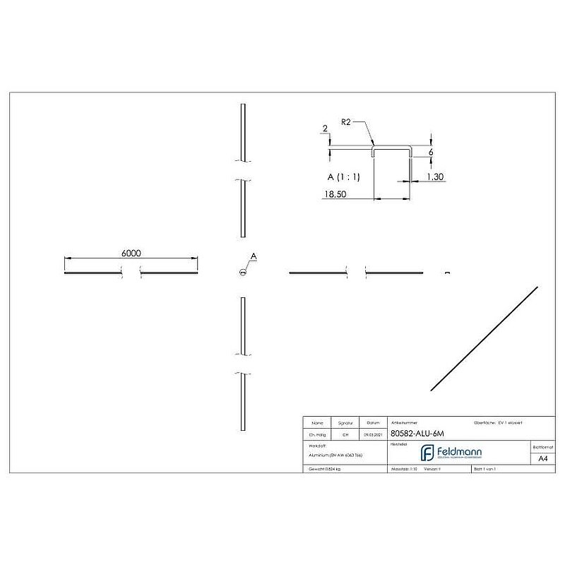 Main courante EXTRA SLIM, pour verre 16,00 - 17,52mm, L: 6000mm, aluminium E4/EV1