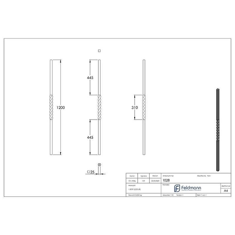 Anfangsstab 25x25mm, gedreht, L=1,2m