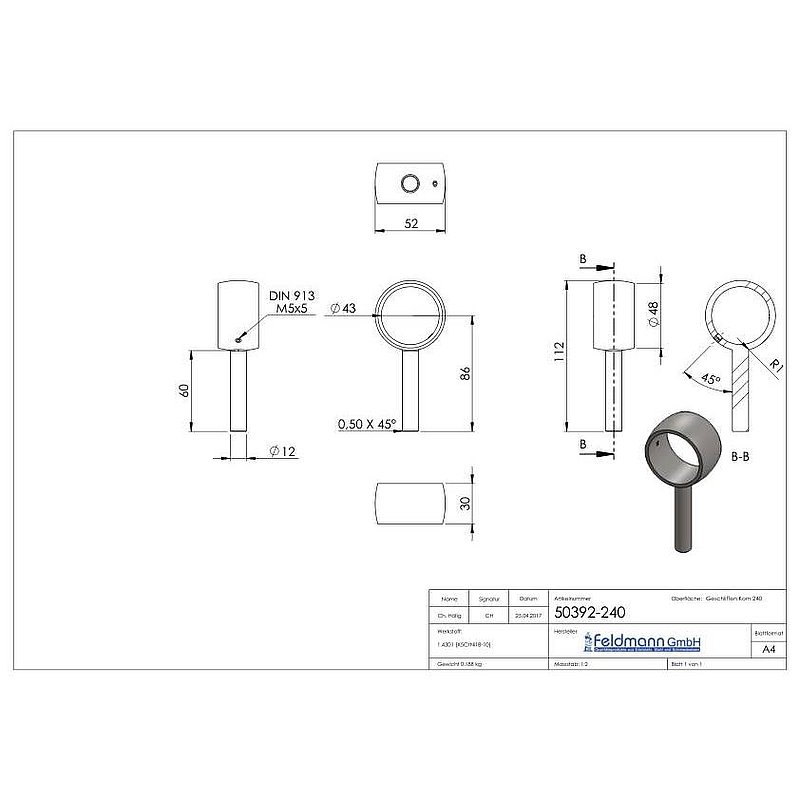 Handlaufhalterring für Rohr 42,4mm, V2A