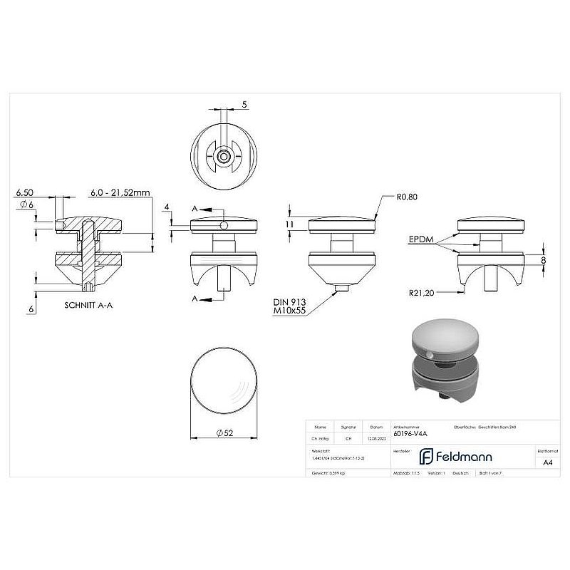 Glaspunkthalter 52mm, Anschluss: 42,4mm, V4A