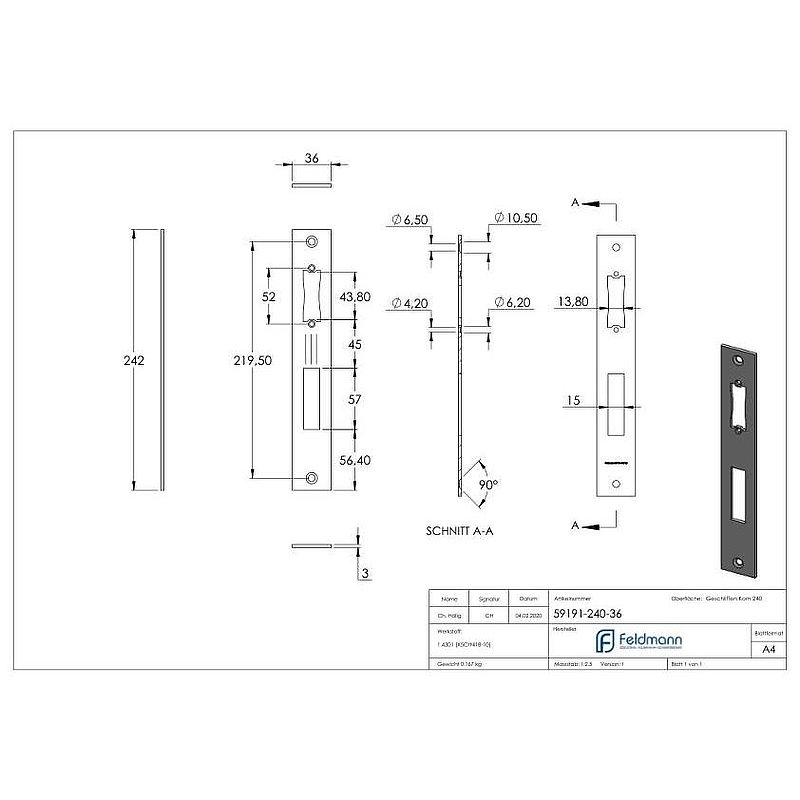 Platine de gâche acier inoxydable 242x36x3,0mm, avec entraxe 92mm, V2A