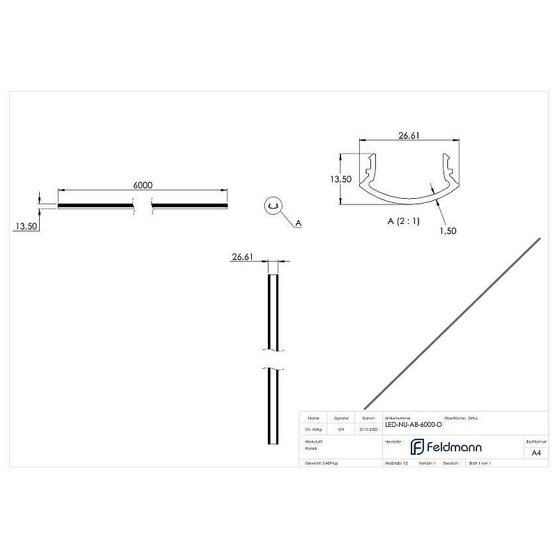 Tube rainuré LED LUNORA®, cache en plastique diffus pour tube rainuré rond 42,4 mm, PMMA, L: 6000 mm