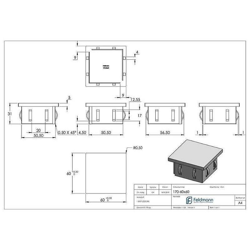 Steel end cap, for square tube 60x60mm