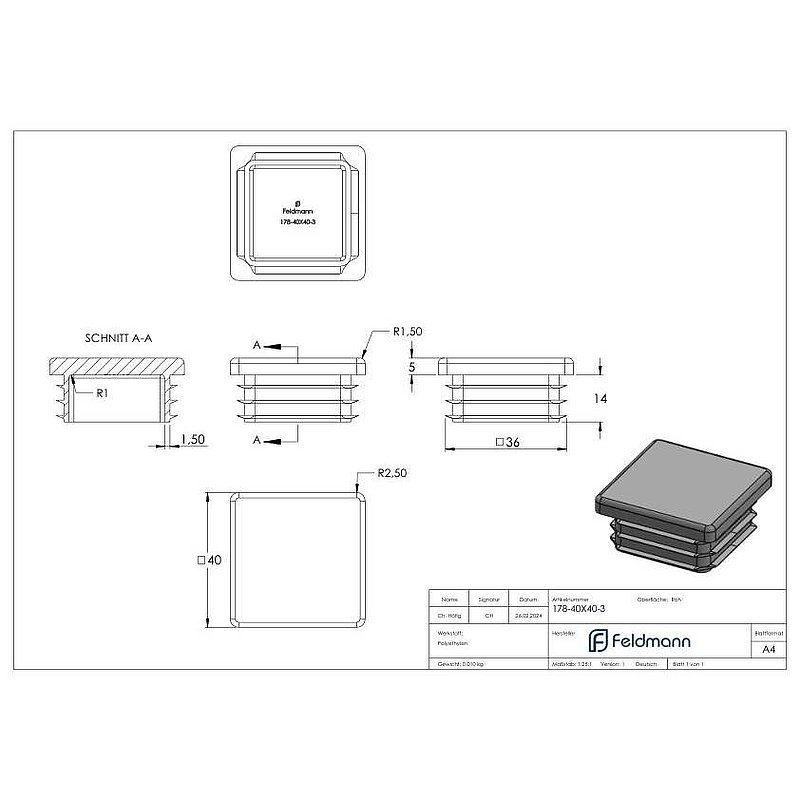 Kunststoffkappe für Quadratrohr 40x40mm