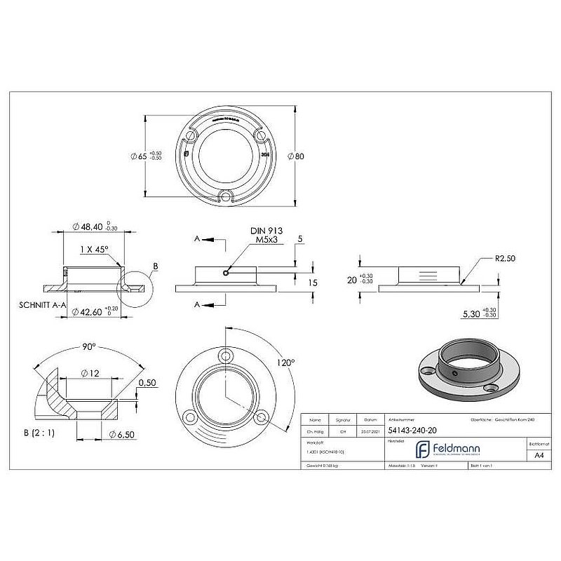 Wall and floor anchor, for tube 42.4 mm, AISI304