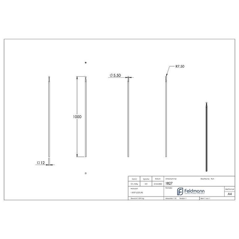 Barre de clôture 12x12mm, H : 1000mm, boule 16mm