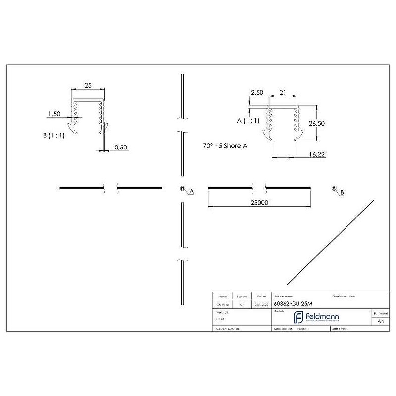 Cale caoutchouc pour verre 16,76 – 17,52mm, pour rainure 24x24mm, 25m, EPDM