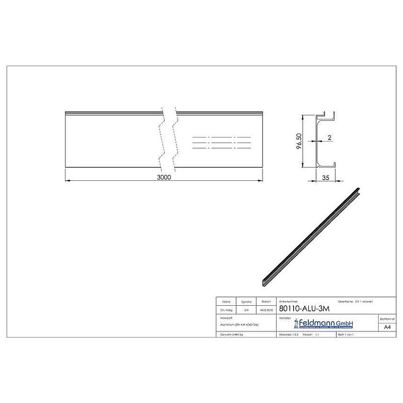 Cache pour profilé aluminium 80100-ALU-3000mm, L: 3000mm