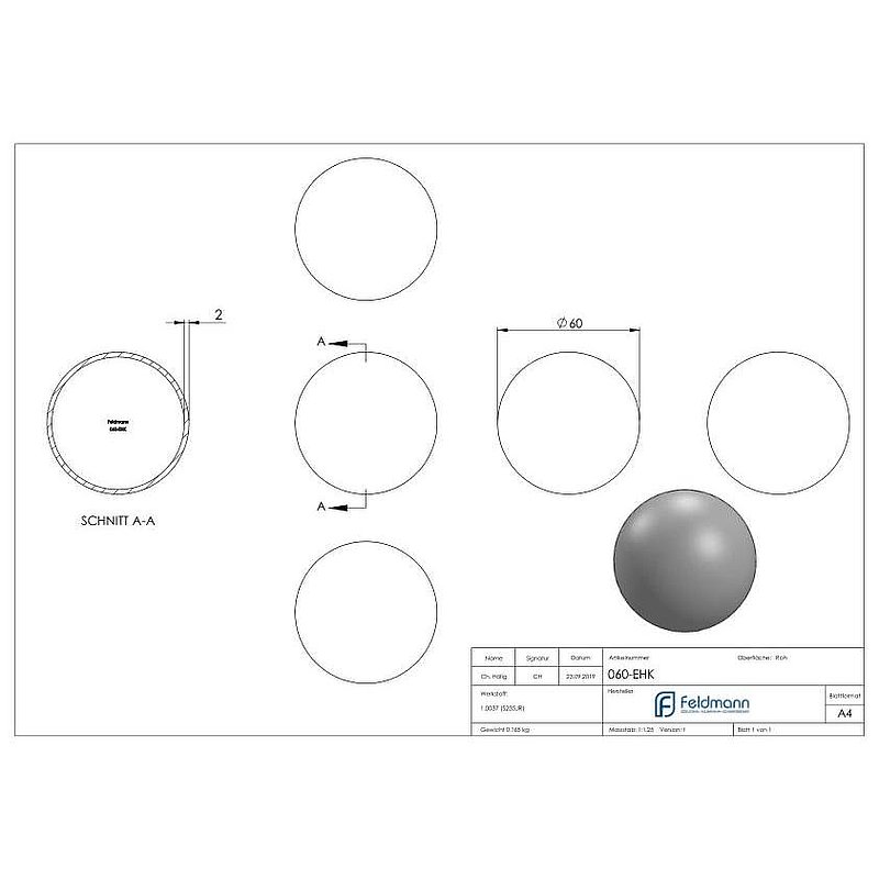 Eisenhohlkugel Ø 60x2,0mm
