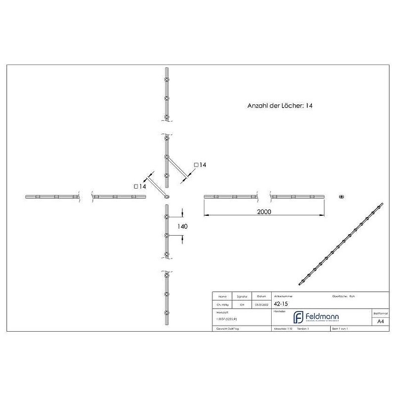 Lochleiste S235JR, 14x14mm, Lochabstand 140mm, 2000mm