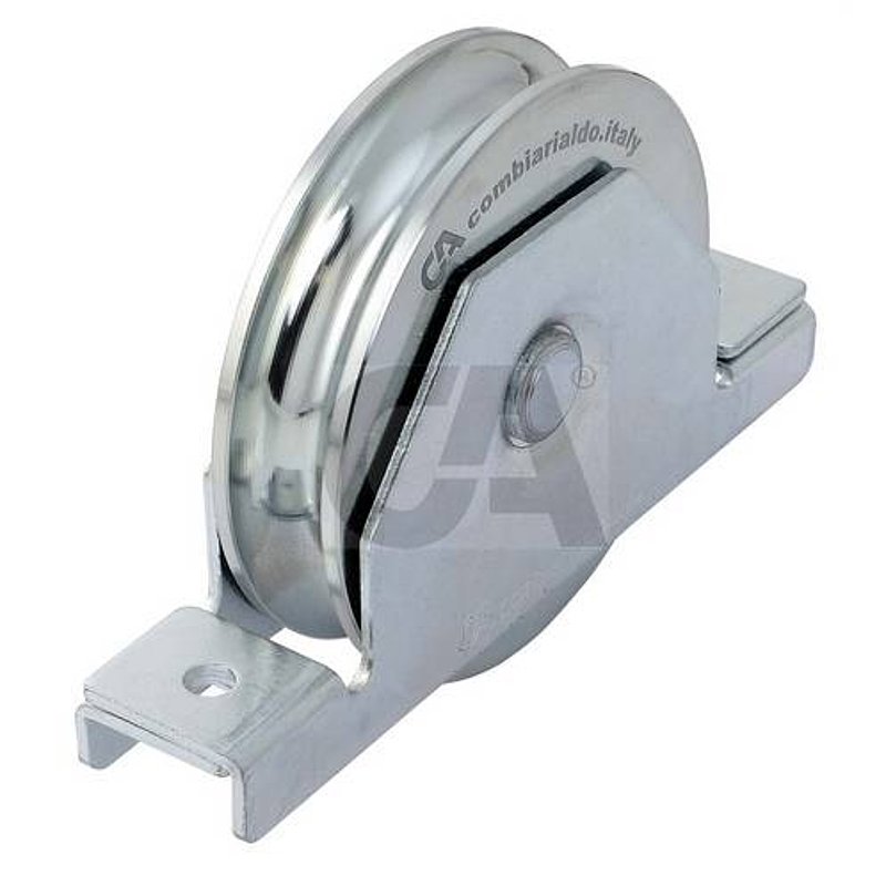 Sliding gate roller with round groove, Ø 100mm, for rail Ø 20mm, 2 ball bearings, galvanised