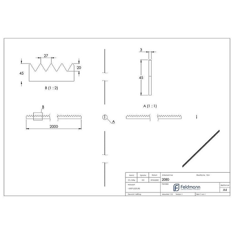 Serrated strip 45x3mm, L: 2000mm