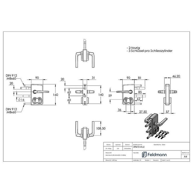 Doppelzylinderschloss LDKZD1 für 60x60mm Profile, Farbe silber