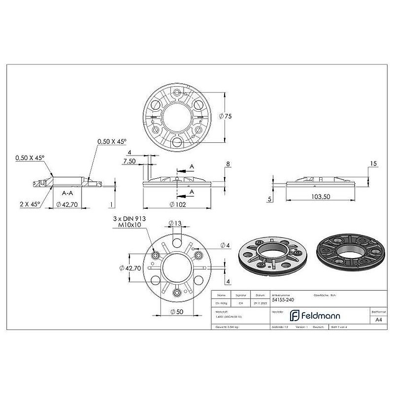 Anchor plate, Ø 103.5x8mm for 42.4mm tube, raw, AISI304