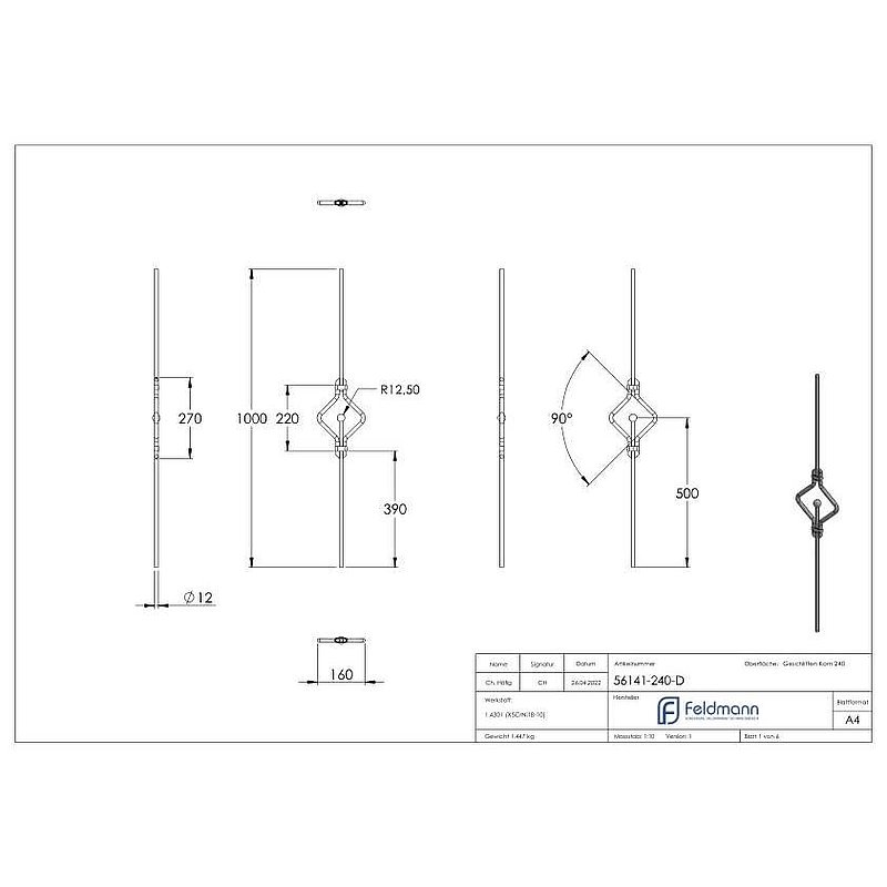 Decorative rod made of Ø 12mm, double, H: 1000mm, AISI304