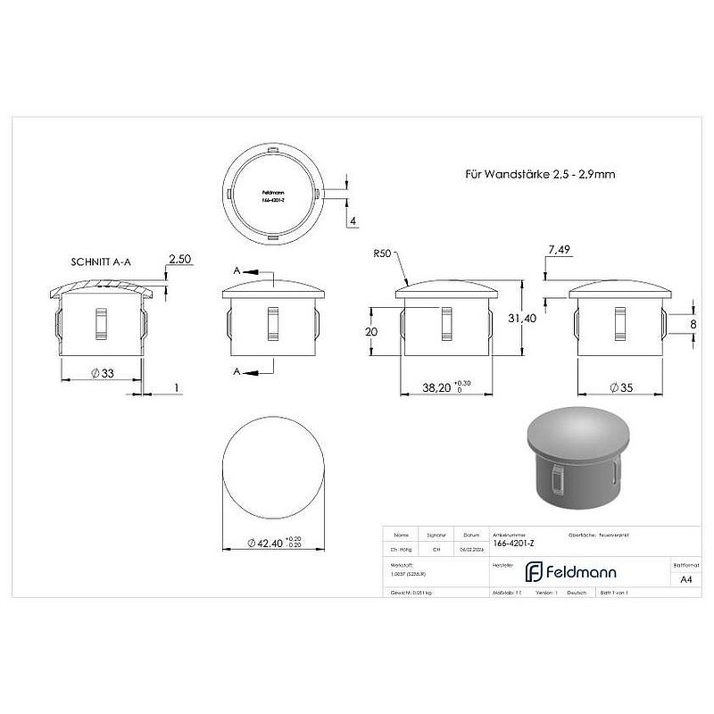 Stahleinschlagkappe, für Rohr 42,4mm, verzinkt